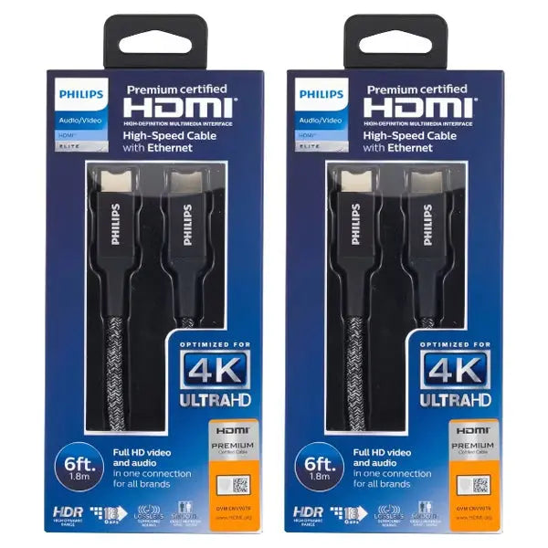 2 Pack - Philips 10' Elite Premium High-Speed 4K HDMI Cable with Ethernet Philips